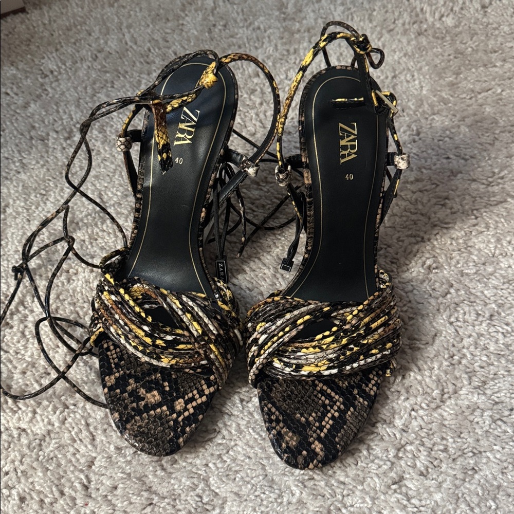 Zara | Ankle Wrap 4.5” High Heels Snakeskin Print Strappy Elegant NWT
